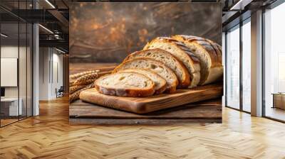 Sliced sourdough bread on wooden board with a homemade bakery aesthetic, sourdough bread, sliced, wood, board, background Wall mural