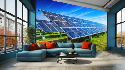 Solar power station with rows of solar panels under a clear blue sky, renewable energy Wall mural