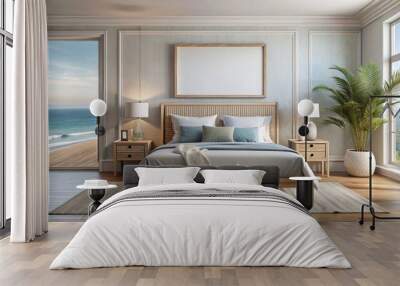 Step inside a coastal bedroom with a mockup frame for a stylish and comfortable vibe ,  render, home decor, interior design, cozy Wall mural