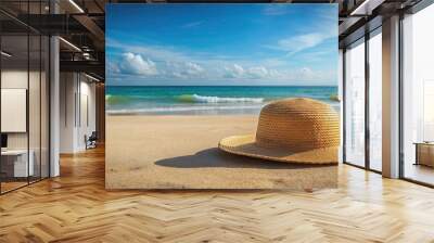 Sun hat on sandy beach with ocean in background, summer, beach, hat, sun, sand, water, vacation, relaxation, sunny, seaside Wall mural