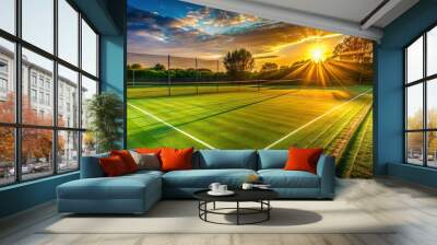 Sun setting on grass tennis court with long shadows , grass, tennis, court, sunset, shadows, sport, green, outdoors Wall mural