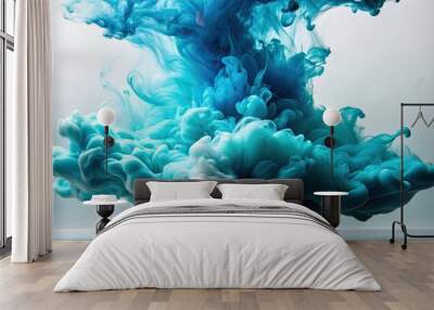 Teal blue paint splash creating ink smoke cloud effect in water , teal, blue, paint, splash, ink, smoke, cloud, water Wall mural