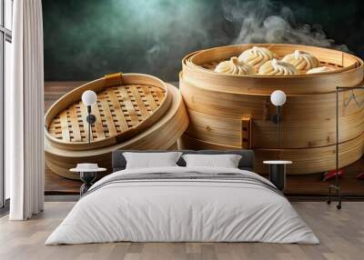 Traditional Chinese bamboo steamer for cooking dumplings and vegetables, bamboo, steamer, Chinese, traditional, cooking Wall mural