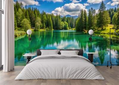 Tranquil green lake surrounded by trees in La Plagne, lake, water, green, serene, nature, trees, La Plagne, mountains Wall mural