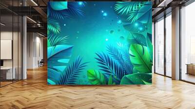 Tropical abstract blue leaves texture with green leaves on turquoise background, perfect for summer designs, tropical, abstract, leaves, texture, nature, background, green, turquoise, summer Wall mural