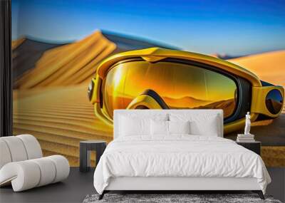 Vivid yellow ski goggles with reflective lenses on sunlit desert sand dune, adventure, style, sunglasses, eyewear, vivid Wall mural