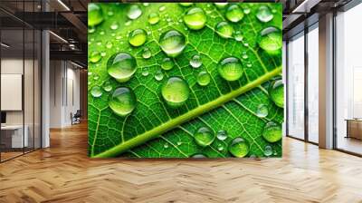 Water droplets glisten on a vibrant green leaf, showcasing exquisite details , nature, leaf, green, water droplets, vibrant Wall mural