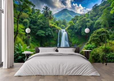 Waterfall flowing in lush jungle setting with a view of distant mountains, waterfall, jungle, mountains, nature, scenic Wall mural