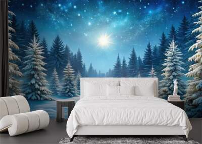 Winter night landscape of snowy forest with fir branches , snow, winter, night, landscape, forest, fir branches, cold, icy Wall mural