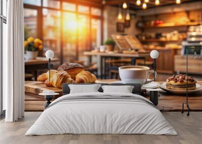 Wooden table top with coffee cup and pastries against cozy cafe background, cafe, coffee, wooden, table, top, pastries Wall mural