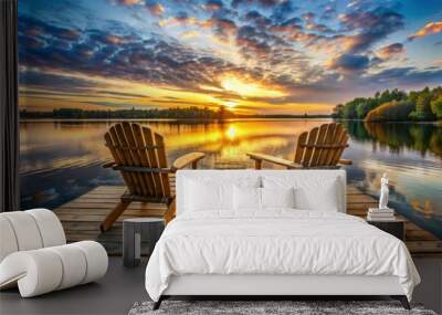 Two wooden chairs on a wood pier overlooking a lake at sunset, sunset, chairs, wooden, pier, lake, evening, relaxing, peaceful Wall mural