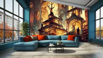 A library in a forest, like in the world of a game. Wall mural