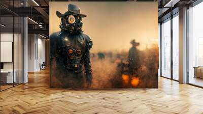 CG illustration of a man wearing a gas mask and a hat. Wall mural