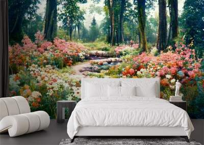 One road in a flower garden blooming in the forest. Wall mural