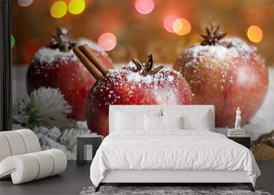 christmas food apples on snow closeup and blurred background Wall mural