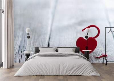 Open your heart valentines abstract love background concept with key  and red padlock on wooden free space Wall mural