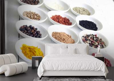 spices and dried vegetables on vintage white planks closeup Wall mural