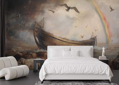 Noah's Ark in the Great Flood. Watercolor Painting. Biblical Illustration Wall mural