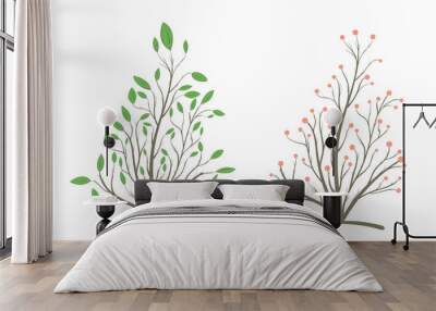 Bush with branches and leaves in two versions, with green leaves and berries Wall mural