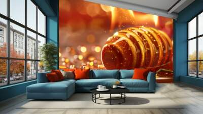 Burning honey dipper drips golden honey alongside vibrant red chili pepper on rustic surface, creating fiery culinary scene with warm, glowing background. Swicy sweet and spicy trend Wall mural