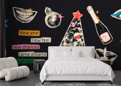 Christmas halftone art collage cut outs set. Various paper clipping shapes, New Year stickers with vintage dotted texture and doodles. Modern retro grunge mixed media vector illustration Wall mural