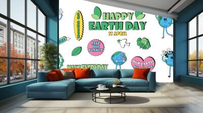 Earth day modern vintage and retro collection with Earth globe characters. Cute cartoon planet with ecology symbols and signs. Save nature quotes. Vector illustration Wall mural