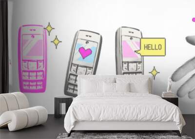 Feature phones trendy y2k elements set. Old button dumb mobile phone . Halftone collage with pixel hearts, speech bubble and envelope, nostalgia concept Vector illustration Wall mural