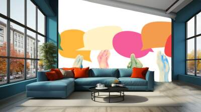 Halftone diverse hands holding speech bubbles. Modern retro art collage for mixed media design with copy space for text. Team work, communication concept. Trendy vector illustration Wall mural