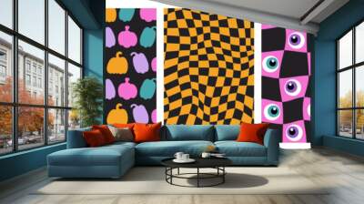 Halloween groovy poster set. Psychedelic distorted pattern collection for banner, greeting card, party. Pumpkins, eye character. Trendy retro vector illustration isolated on black background Wall mural