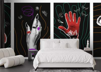 Halloween halftone collage poster set for mixed media design. Witch, monster hands, vampire mouth and crazy eyes. Spooky modern cut out elements and doodles. Vector illustration Wall mural