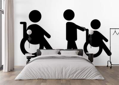 Handicap icon. Man helps person with disability push wheelchair. Black silhouettes, medical symbol, wc sign. Vector illustration isolated on white background Wall mural