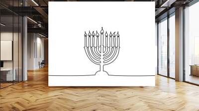 Hanukkah menorah one continuous line banner template. Jewish traditional candle holder with lights. Minimal Chanukah background with copy space. Vector illustration isolated on white Wall mural