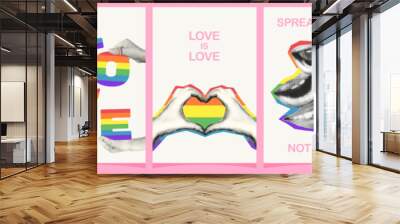 LGBTQ Pride month halftone collage vertical banners set. Grunge cut out from magazine human hands and mouths with rainbow symbol and positive slogans. Trendy modern retro vector illustration Wall mural