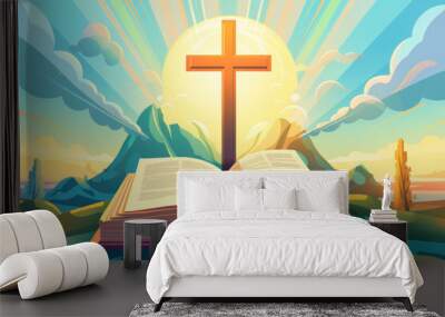 Open holy bible with wooden cross against nature landscape. Christianity, spirituality and religion concept Wall mural