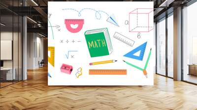 School supplies for math set. Writing tools, pencil, pen, rulers, textbook. Mathematical symbols, formulas, graphs. Education, back to school concept. Vector illustration isolated on white background Wall mural