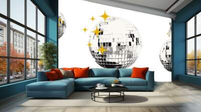 Shiny disco balls and cut out hands halftone collage vector illustration. Set of trendy modern retro elements with gold glitter star decoration isolated on transparent background Wall mural