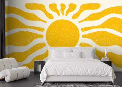 Sun groovy retro horizontal background. Sun burst hippie banner with vintage grainy texture, hand drawn abstract wavy pattern in 60s, 70s. Modern Matisse style summer vector illustration Wall mural