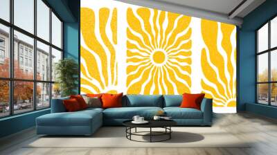 Sun groovy vertical prints set isolated on transparent background. Hand drawn abstract floral patterns with vintage grainy stippling texture . Modern retro Matisse style vector illustration Wall mural