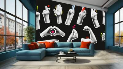 Trendy halftone collage elements set. Cut out from magazine hand emoji gestures collection. Various hands signs grunge punk dotted stickers. Modern retro vector illustration with doodles Wall mural