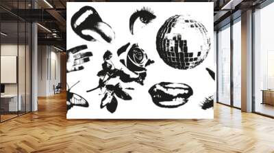 Trendy halftone stipple effect elements set Mouths, eyes, hands, rose, butterfly, old TV, vintage watch and disco ball. Grunge punk grain dots texture for y2k collage design Modern vector illustration Wall mural