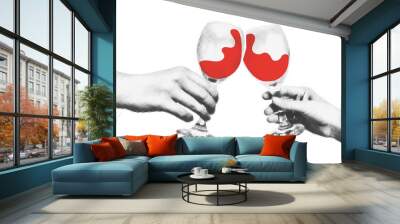 two hands holding red wine glasses halftone art collage. toast, cheers cutout magazine shapes, moder Wall mural