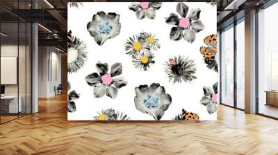 Wild flowers halftone collage seamless pattern with doodle stamens and butterfly. Grunge cut out shapes, vintage dotted summer print. Trendy modern retro illustration on transparent background Wall mural