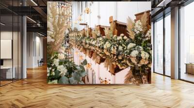 Floral Decor in Church with Stained Glass and Chandeliers Wall mural