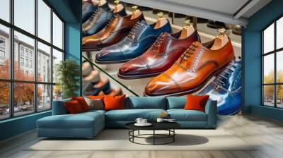 A shoe store with shelves full of different shoes arranging from formal shoes to casual sneakers, neatly lined up in a contemporary Wall mural