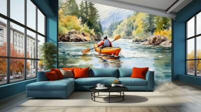 A man paddling a canoe down a river Wall mural