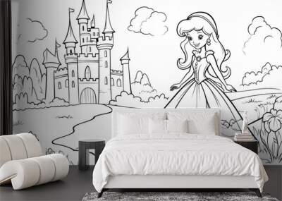 Bring the cartoon princess and castle to life by coloring their intricate line art. Wall mural