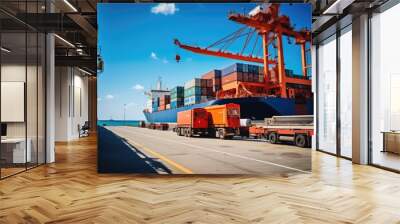 Dockworkers worked in tandem to unload the cargo ship, swiftly moving containers onto trucks Wall mural