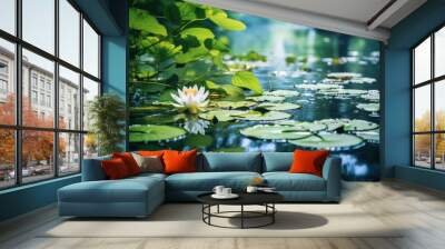 Photo of a serene white water lily floating on a calm lake Wall mural