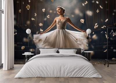 Photo of a woman in a white dress standing in front of a stage Wall mural