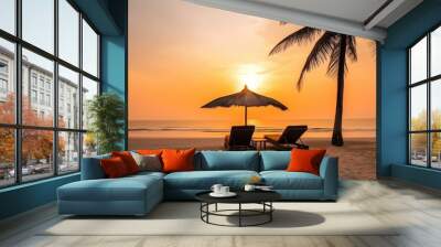 Romantic evening at the beach: two sun beds in tropical sunset Creating using generative AI tools Wall mural